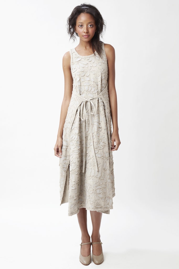 beige fitted sleeveless dress