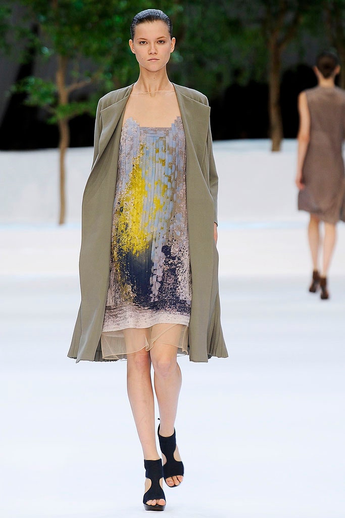 multi-colored silk mini dress with beige coat