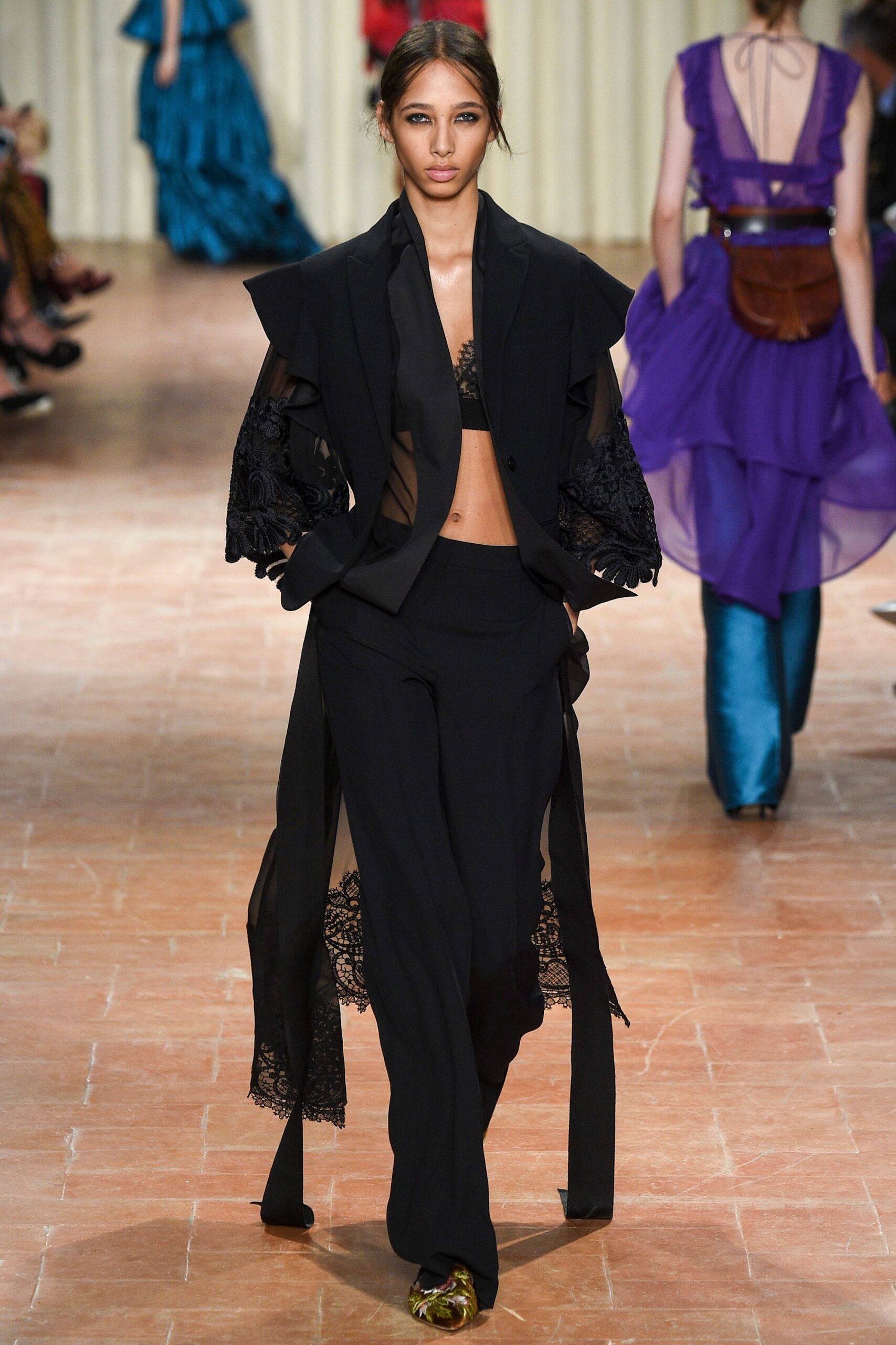 black silk suit with lace bra