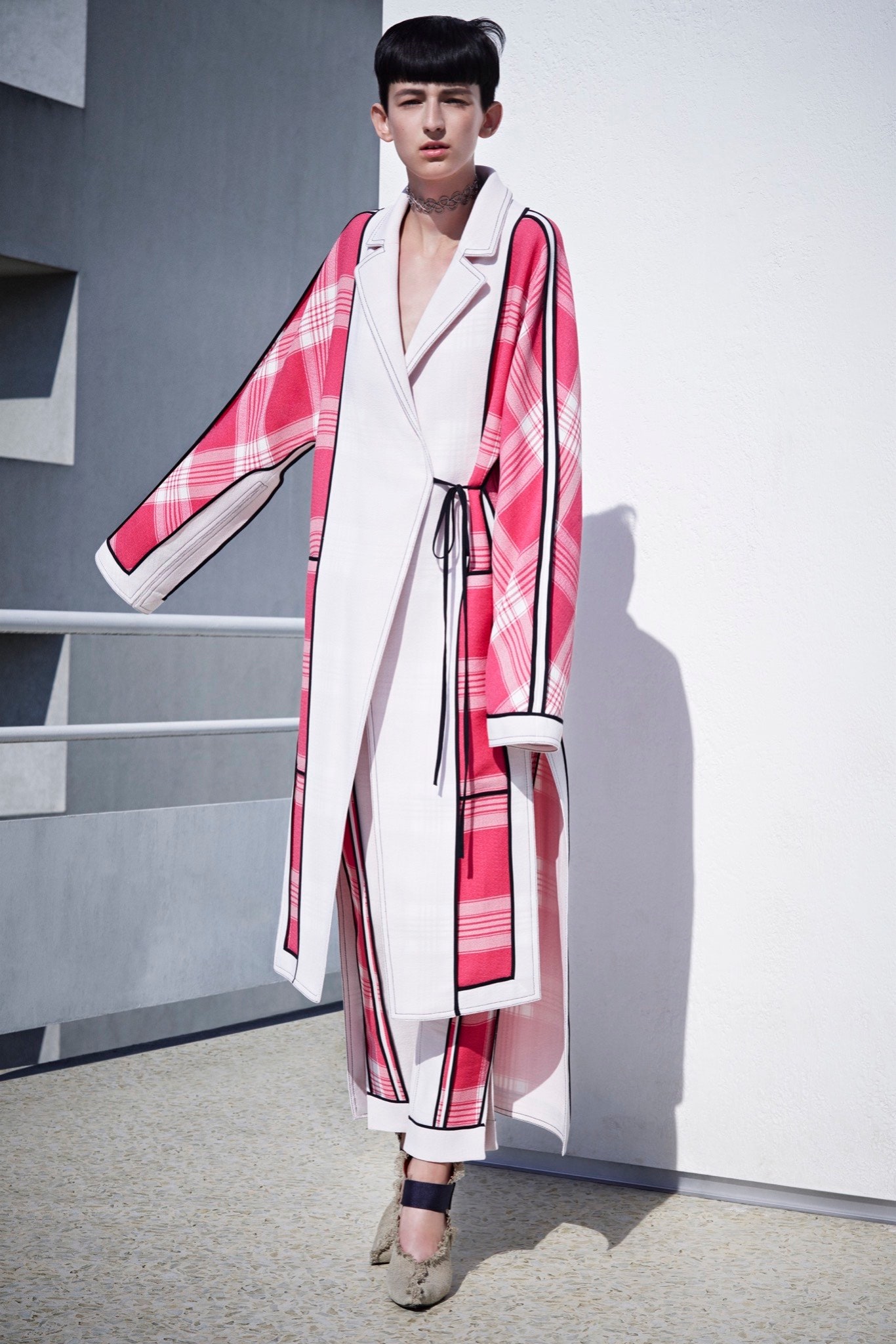 plaid coat and fitted pants