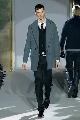gray wool long-sleeve collared structured buttoned coat