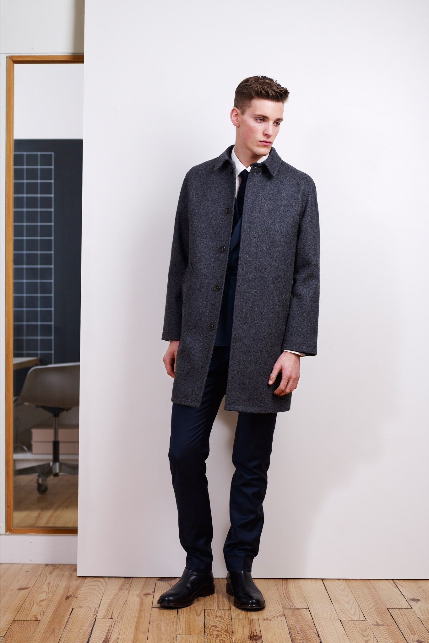gray wool coat and navy pants