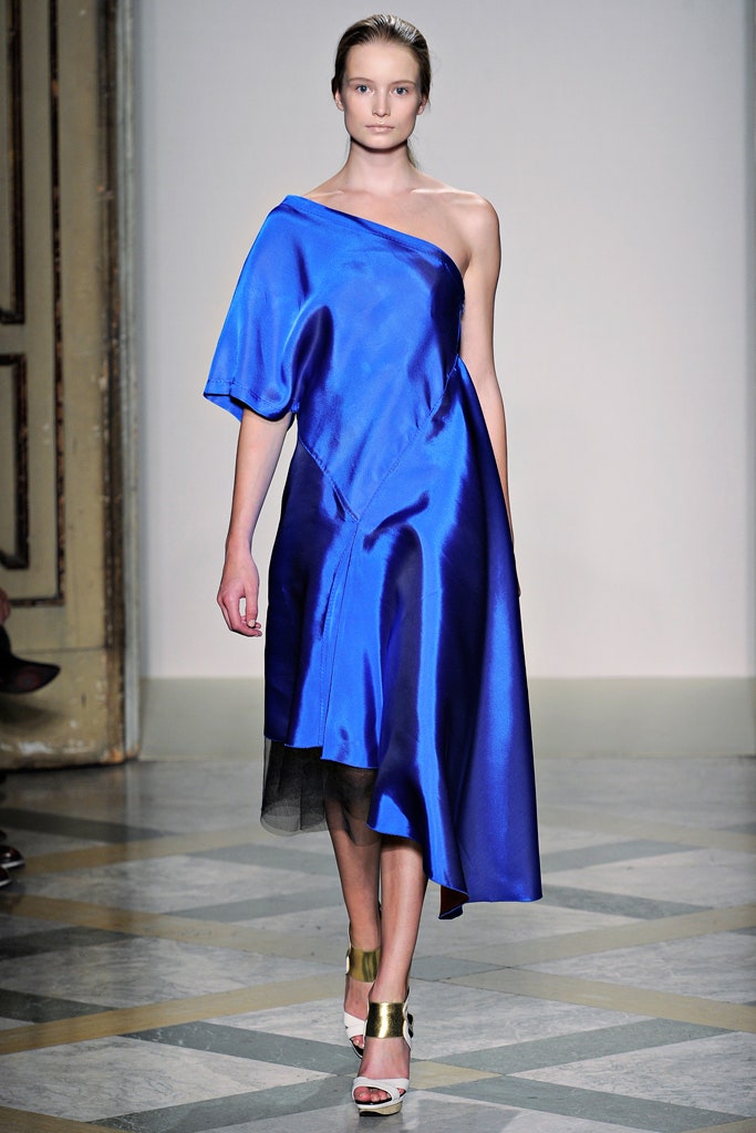 blue silk asymmetric dress