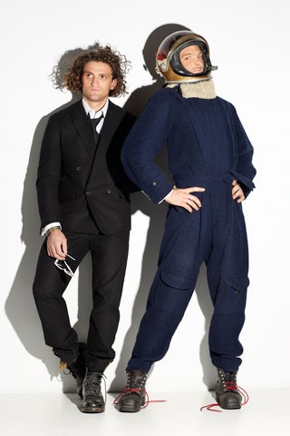 black tailored suit and blue jumpsuit