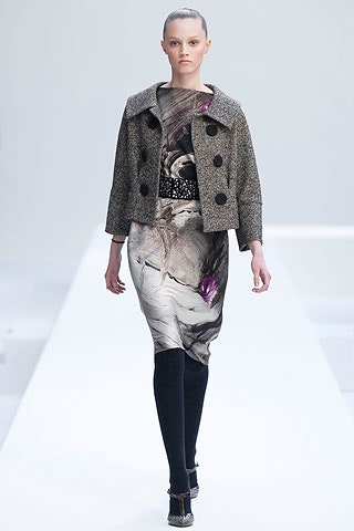 multi-colored silk midi dress with gray jacket
