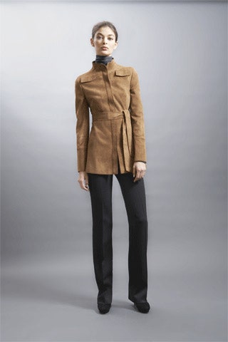 brown suede long-sleeve collared fitted belted jacket