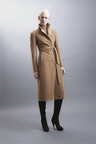 beige wool long-sleeve collared fitted belted midi coat