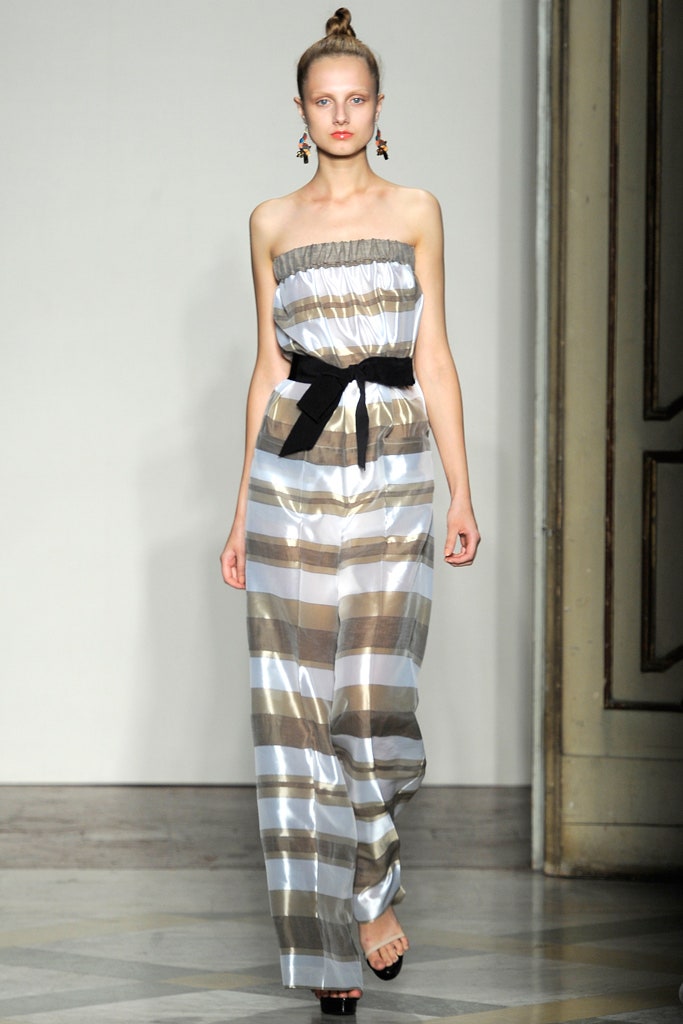 striped strapless silk jumpsuit