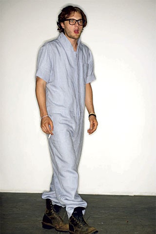 blue cotton short-sleeve collared relaxed zippered jumpsuit