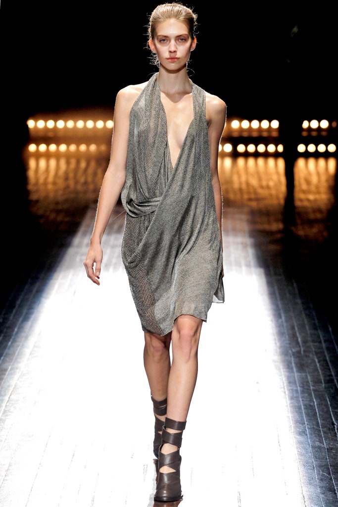 gray silk sleeveless v-neck fitted draped flowing dress