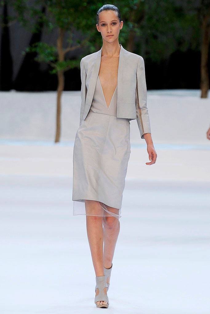 gray silk fitted dress with tailored jacket