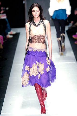 purple silk layered dress with red boots