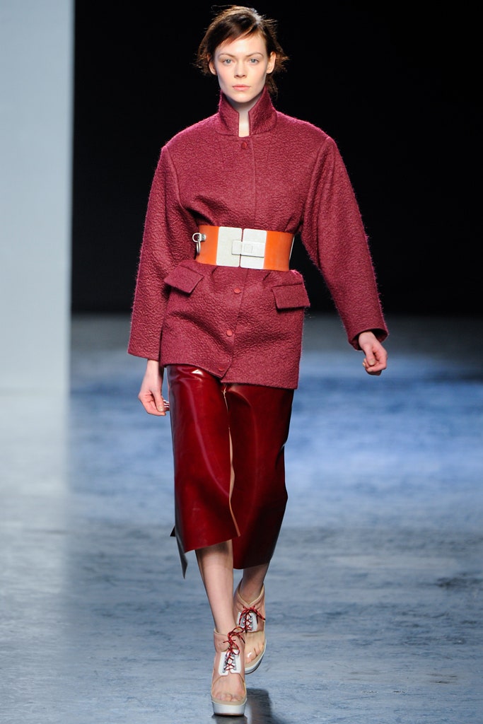 red wool long-sleeve collared relaxed buttoned jacket