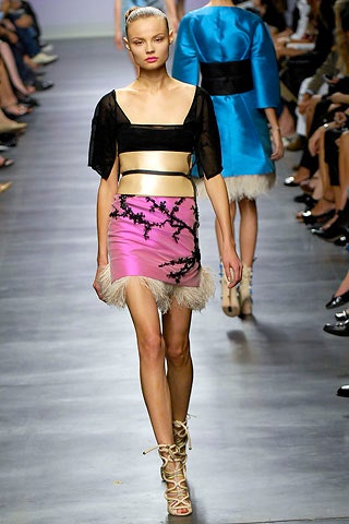 black silk top with pink mini skirt