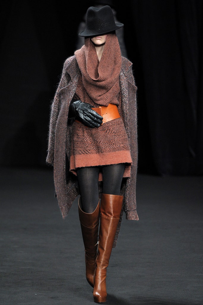 brown knit mini dress with oversized coat