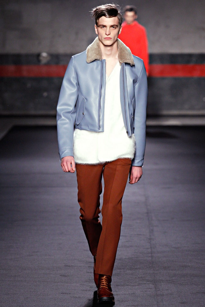 blue leather jacket with white shirt