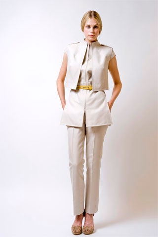 beige leather fitted vest and pants