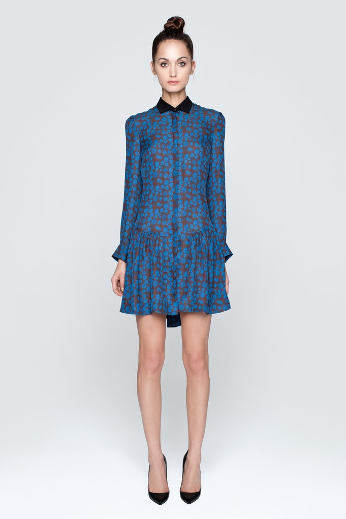 blue silk long-sleeve dress