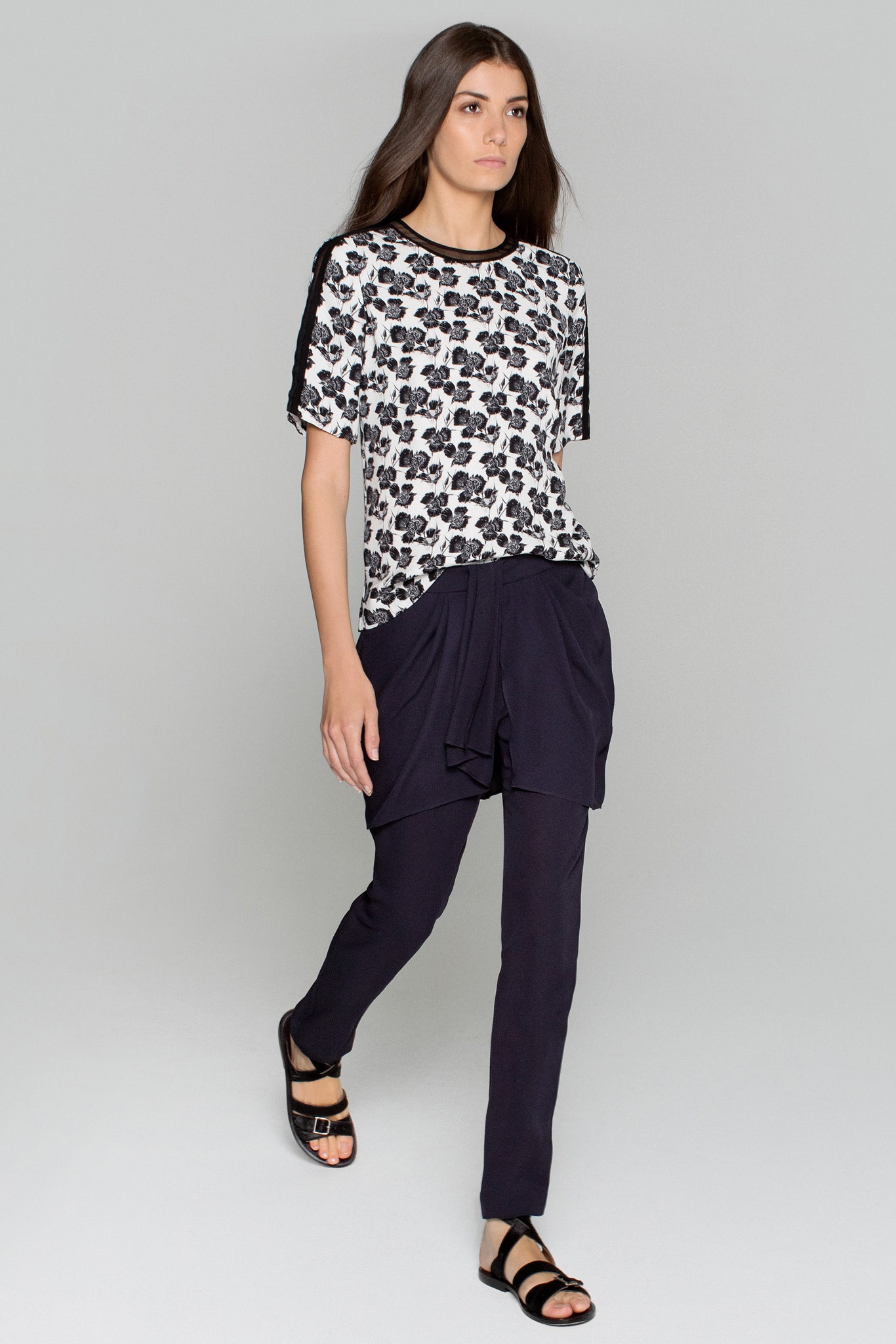 relaxed printed top with fitted pants