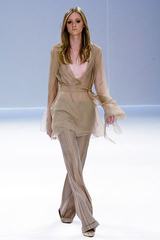 beige chiffon long-sleeve v-neck relaxed draped flowing top