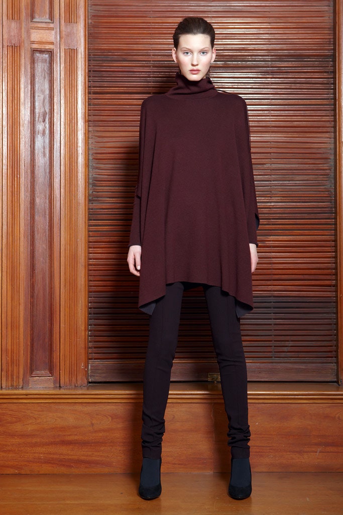 maroon wool long-sleeve high-neck relaxed poncho