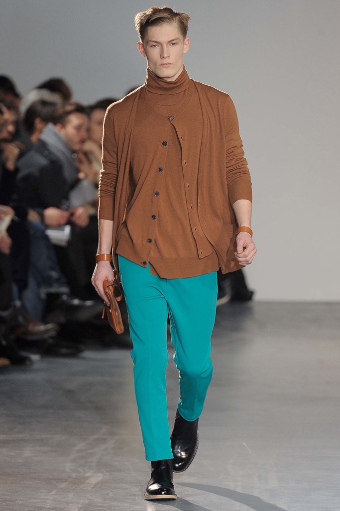 brown cardigan teal pants