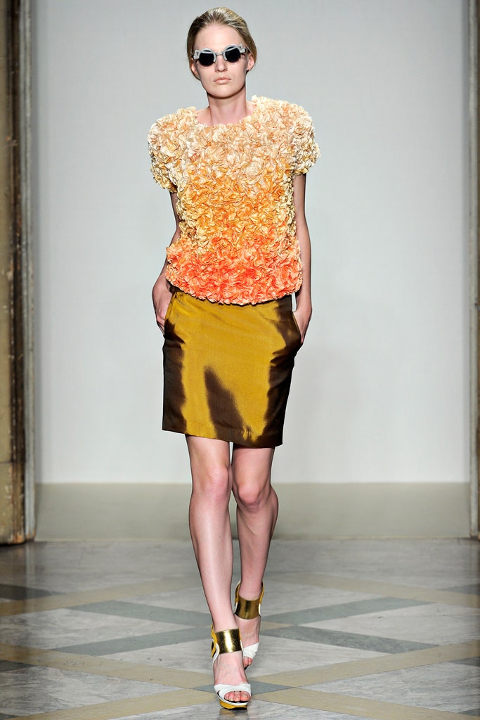 orange silk sleeveless high-neck fitted ruffled layered top