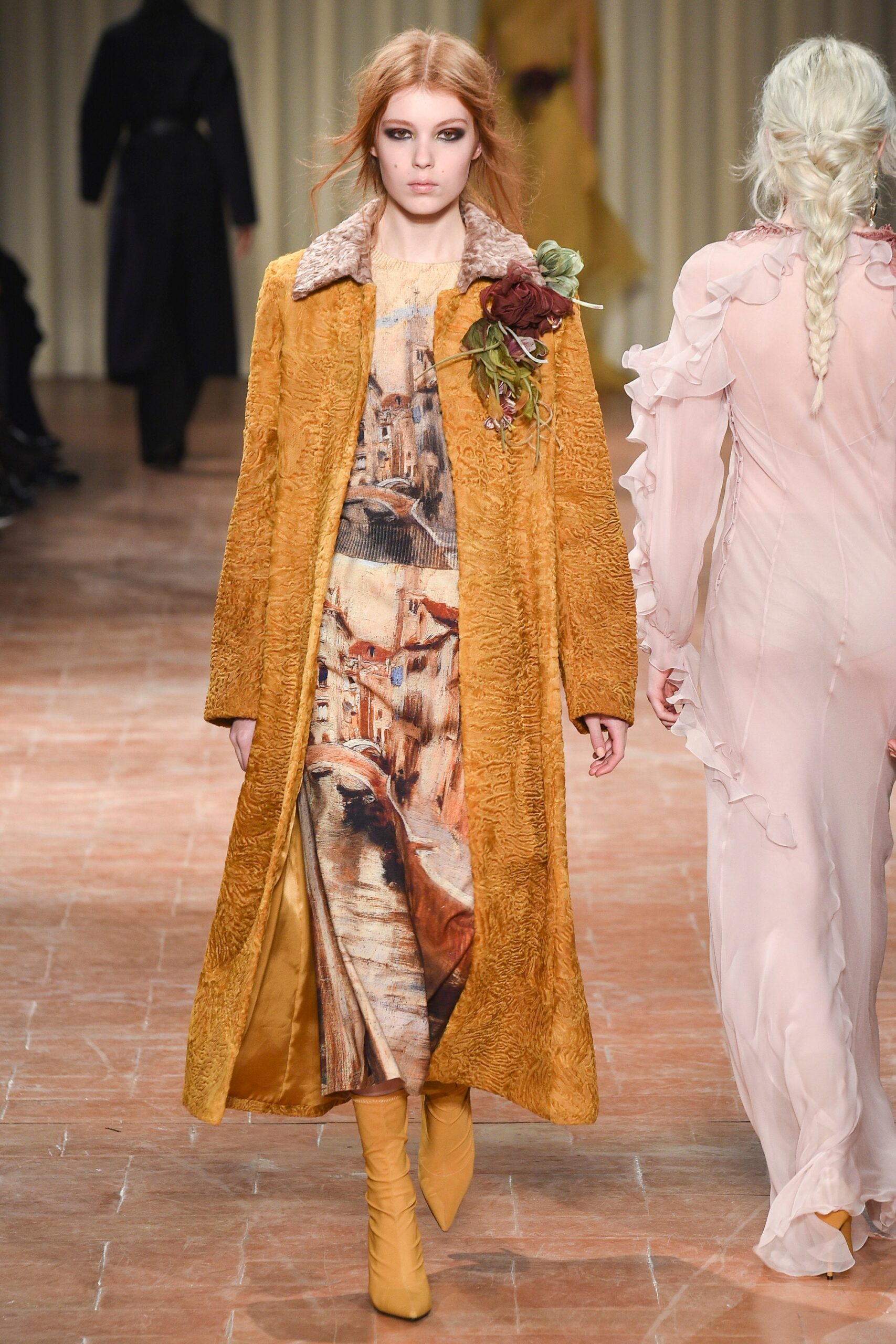 orange fur long-sleeve collared relaxed textured coat