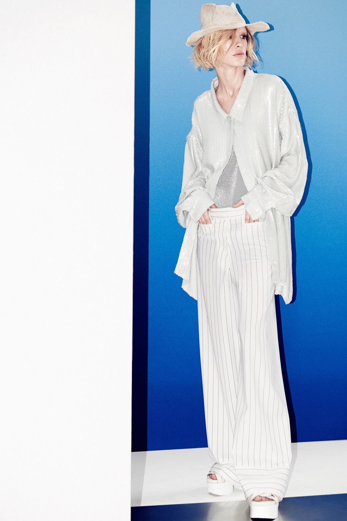white silk relaxed shirt with wide-leg pants