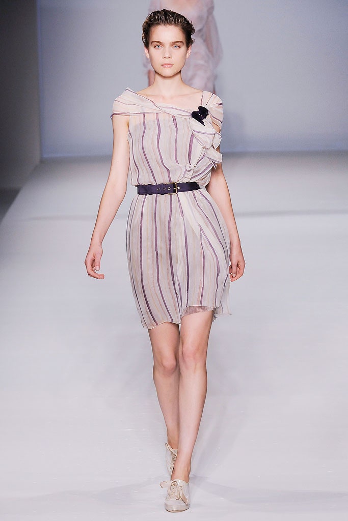 beige and purple striped dress