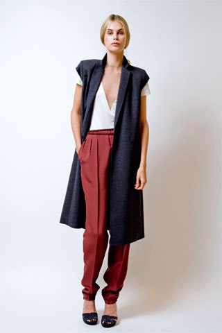 black blazer white top red pants