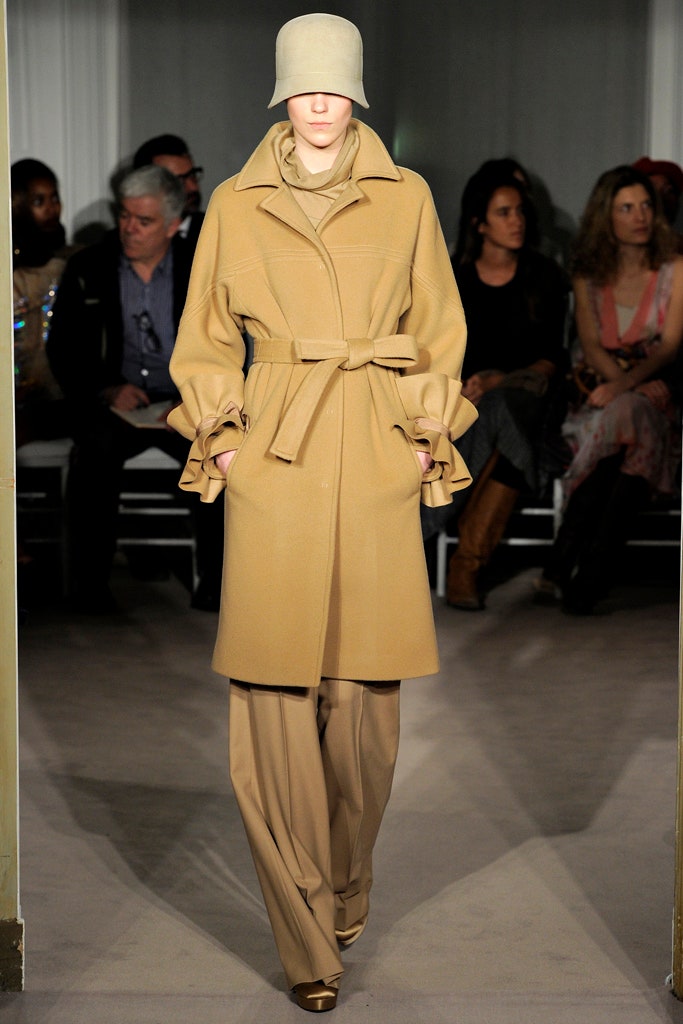 beige wool long-sleeve collared relaxed belted ruffled coat