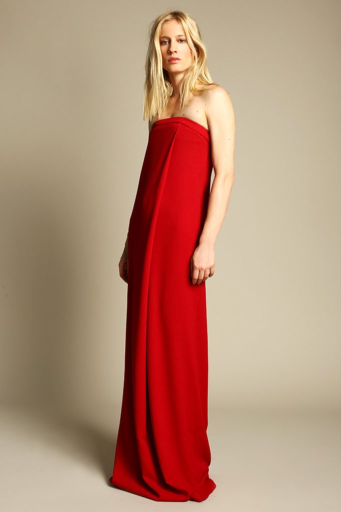 red strapless draped gown