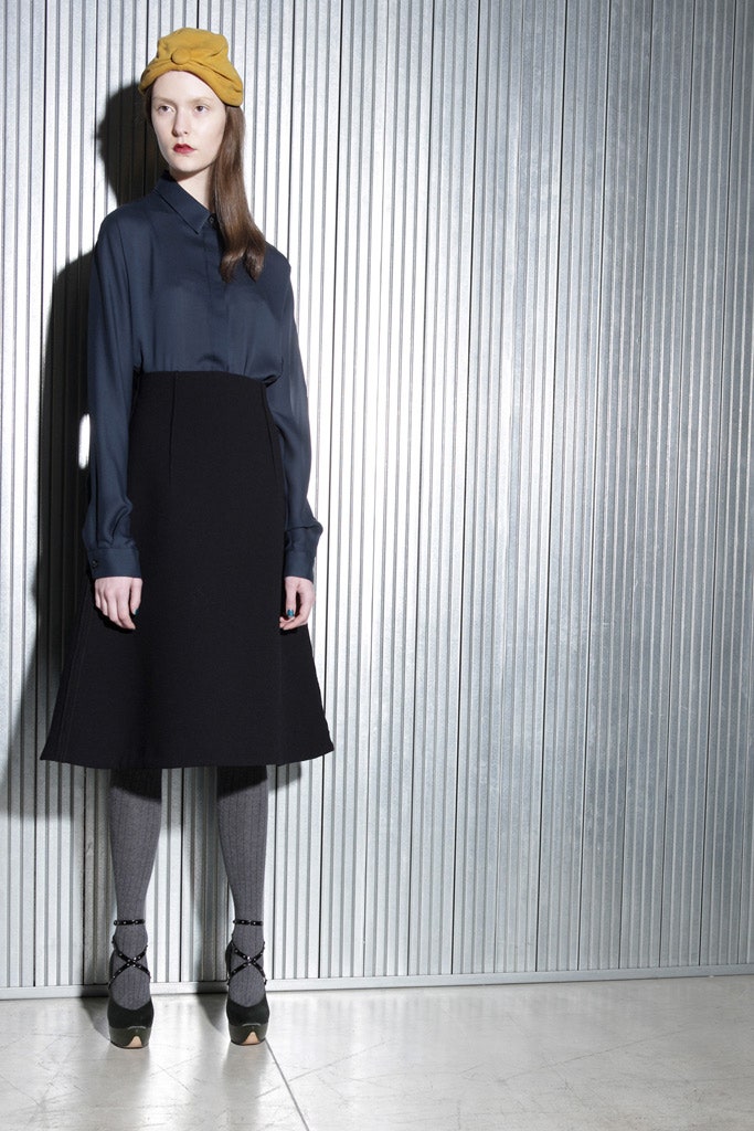 black wool fitted a-line midi skirt