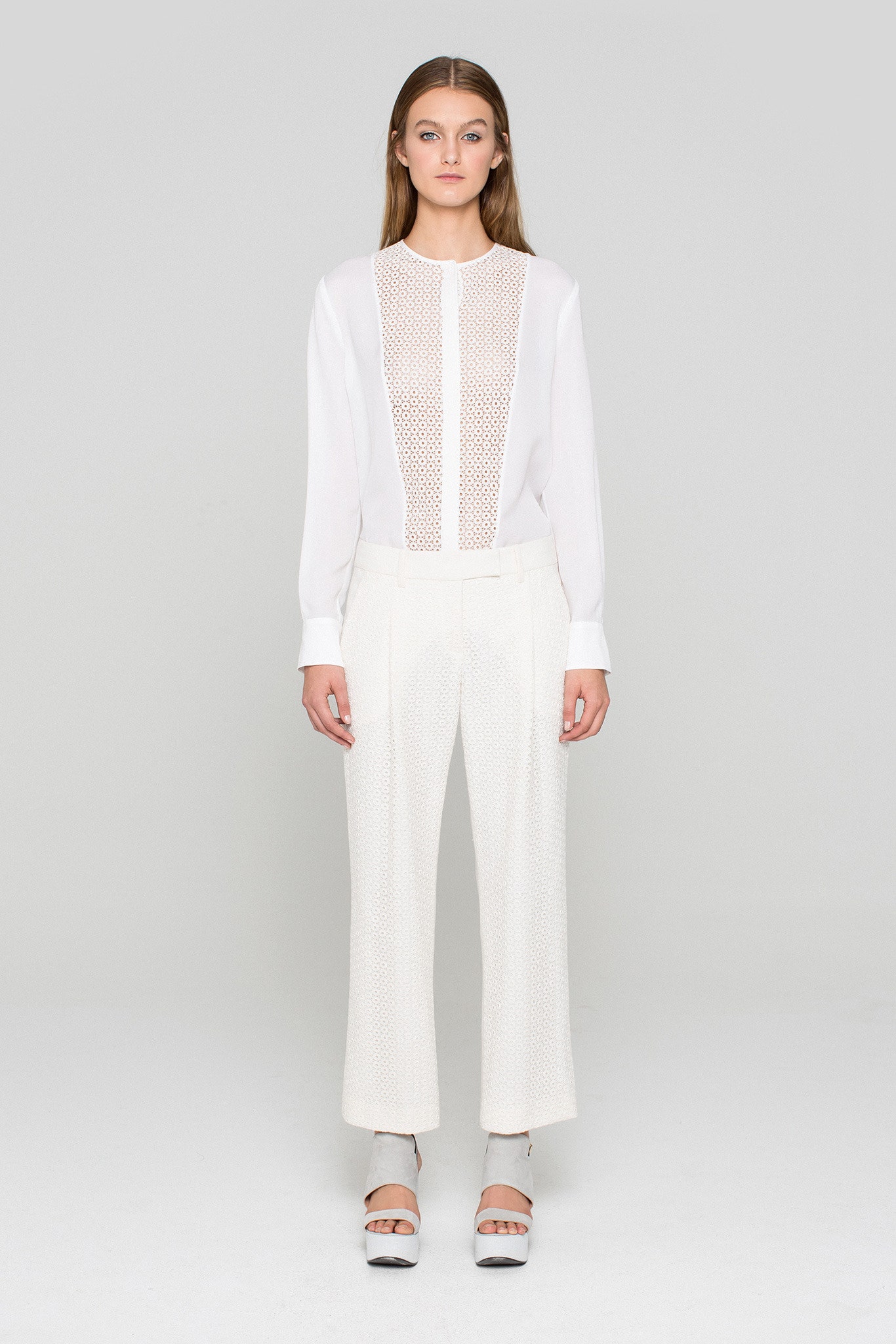 white cotton long-sleeve collared fitted pleated blouse