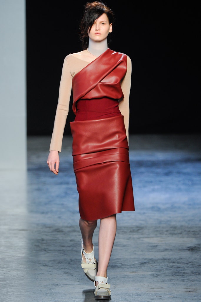 red leather sleeveless asymmetric fitted draped midi dress