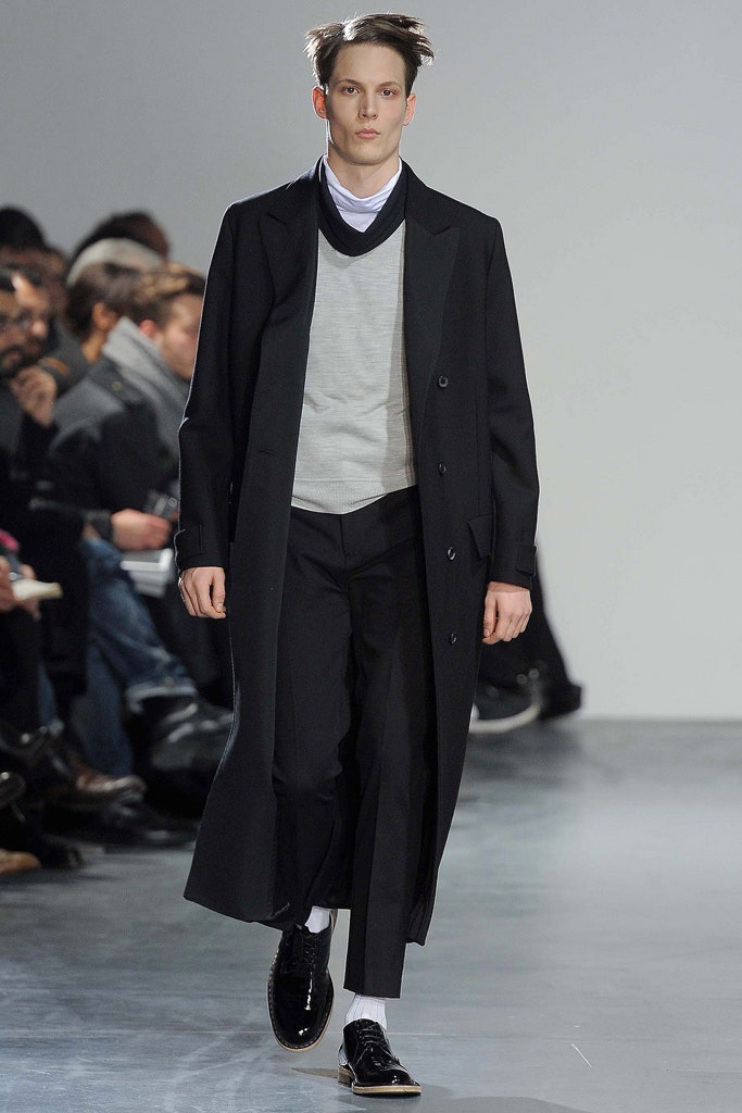black wool coat gray sweater
