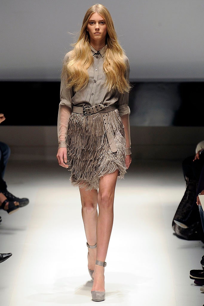 gray fitted shirt with fringed skirt
