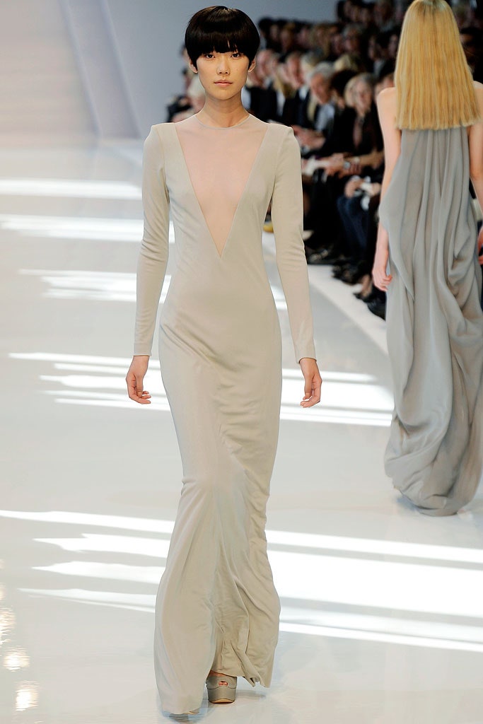 fitted gray silk gown