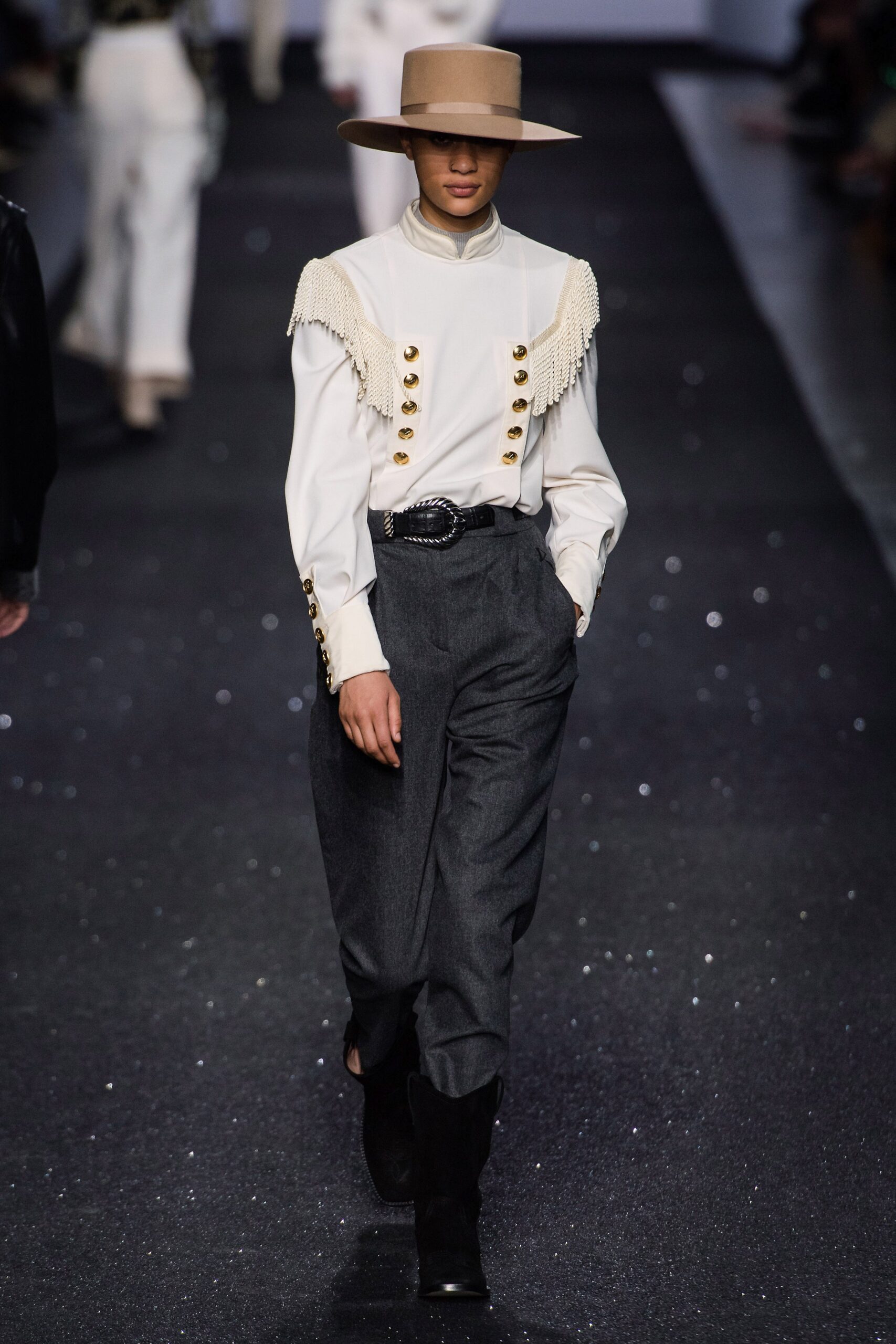 white blouse gray pants outfit