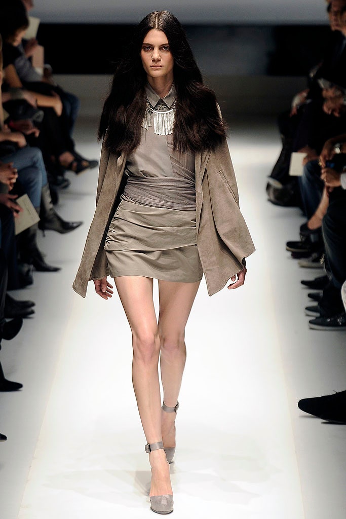 beige suede blazer and gray mini dress