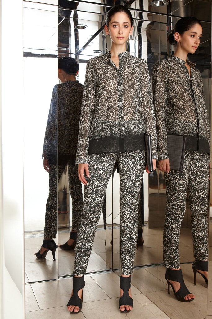 black silk long-sleeve collared fitted printed blouse