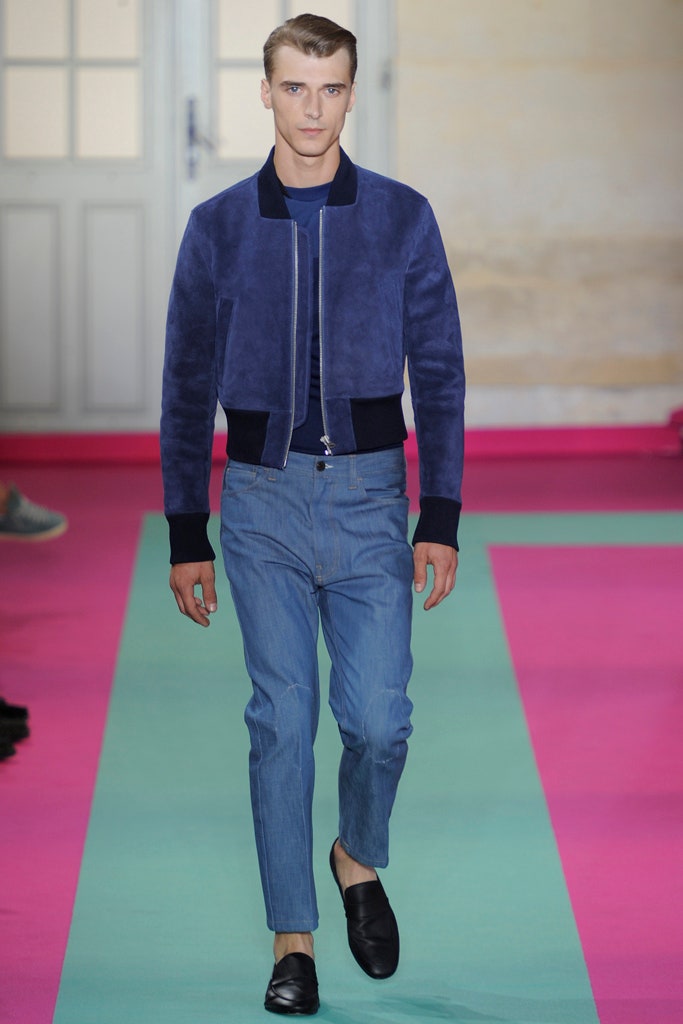 blue suede jacket with denim pants