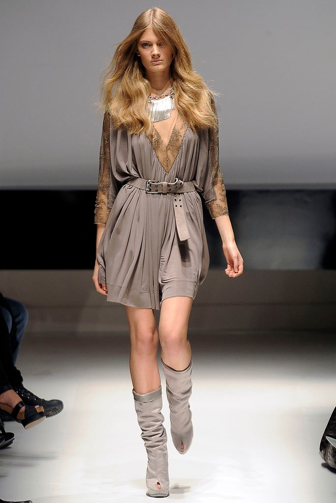 gray silk long-sleeve v-neck fitted belted draped dress