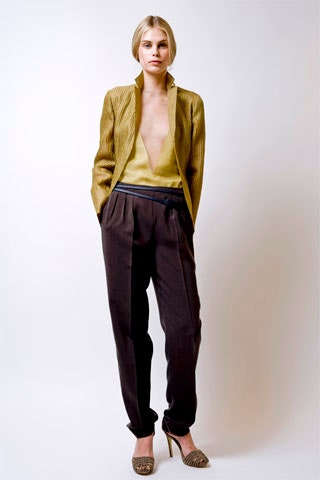 gold tailored blazer with green top