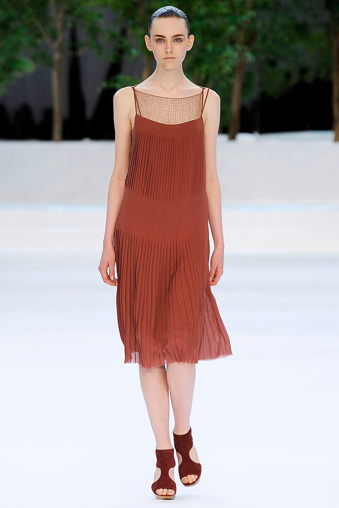 brown pleated midi dress