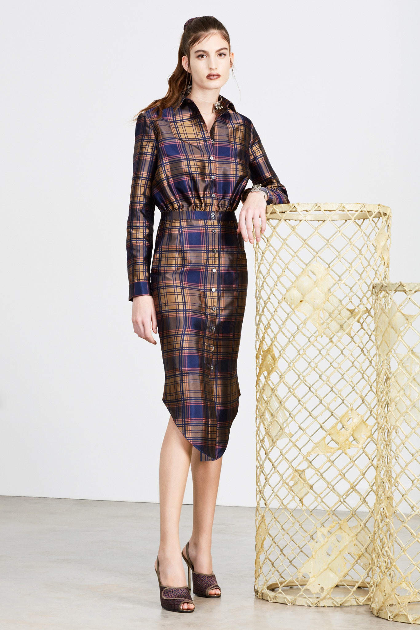 blue and brown checked shirt-dress