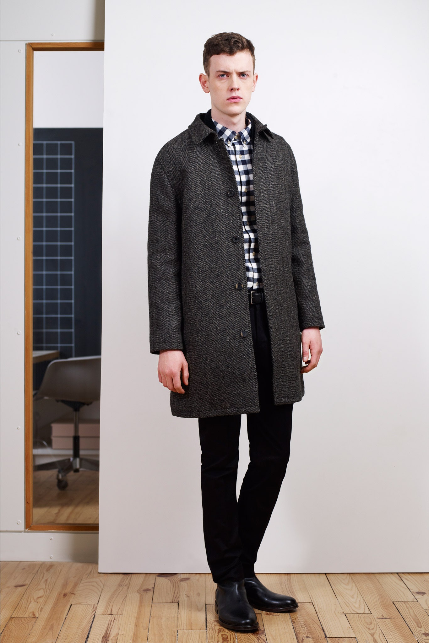 gray wool coat with checked shirt