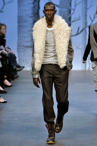 gray faux-fur jacket with white shirt