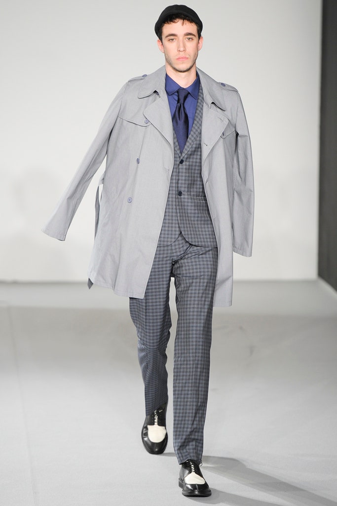 gray coat with blue suit